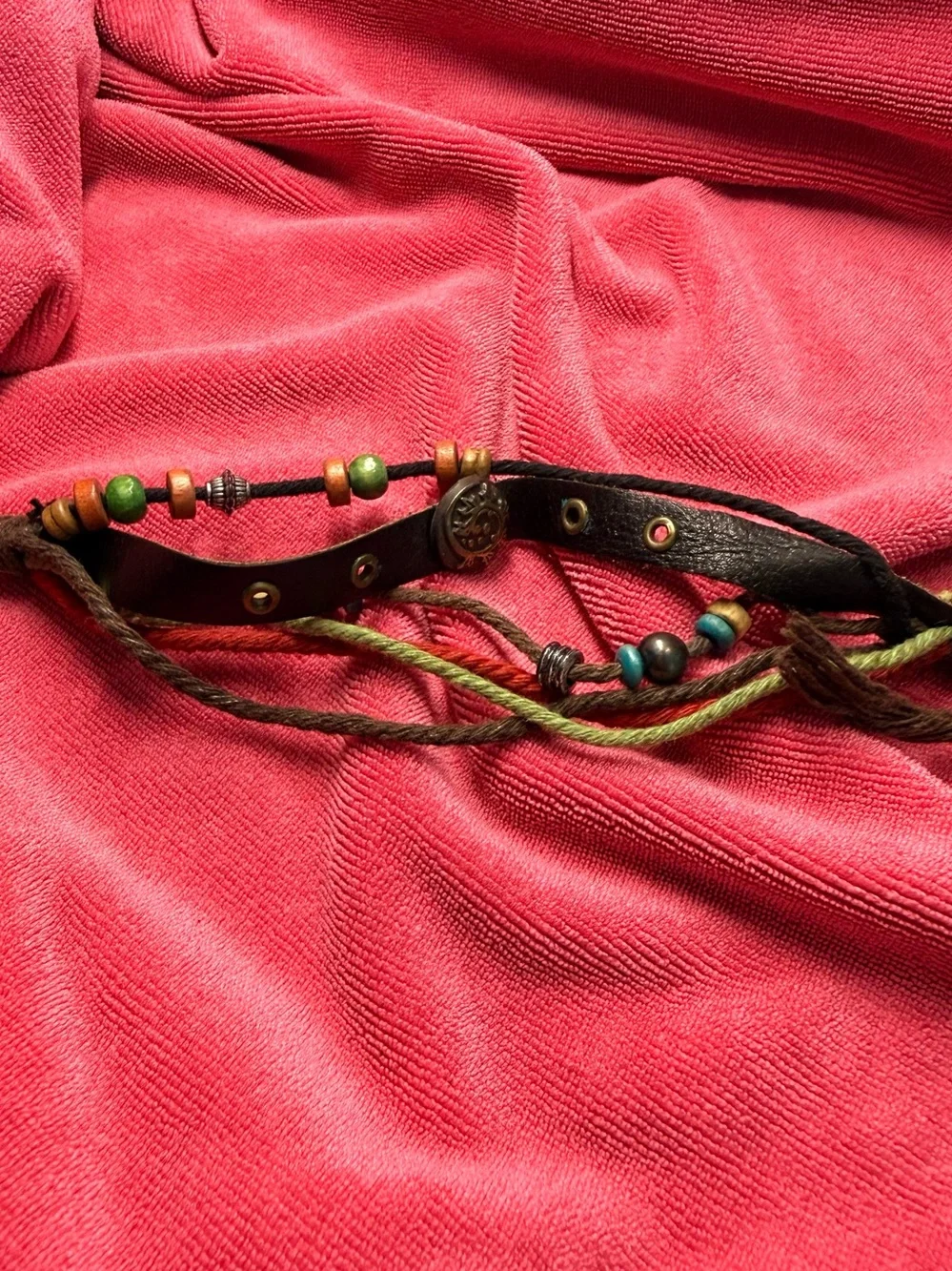 Bohemian Multistrand Beaded Leather Choker - Coral Pink